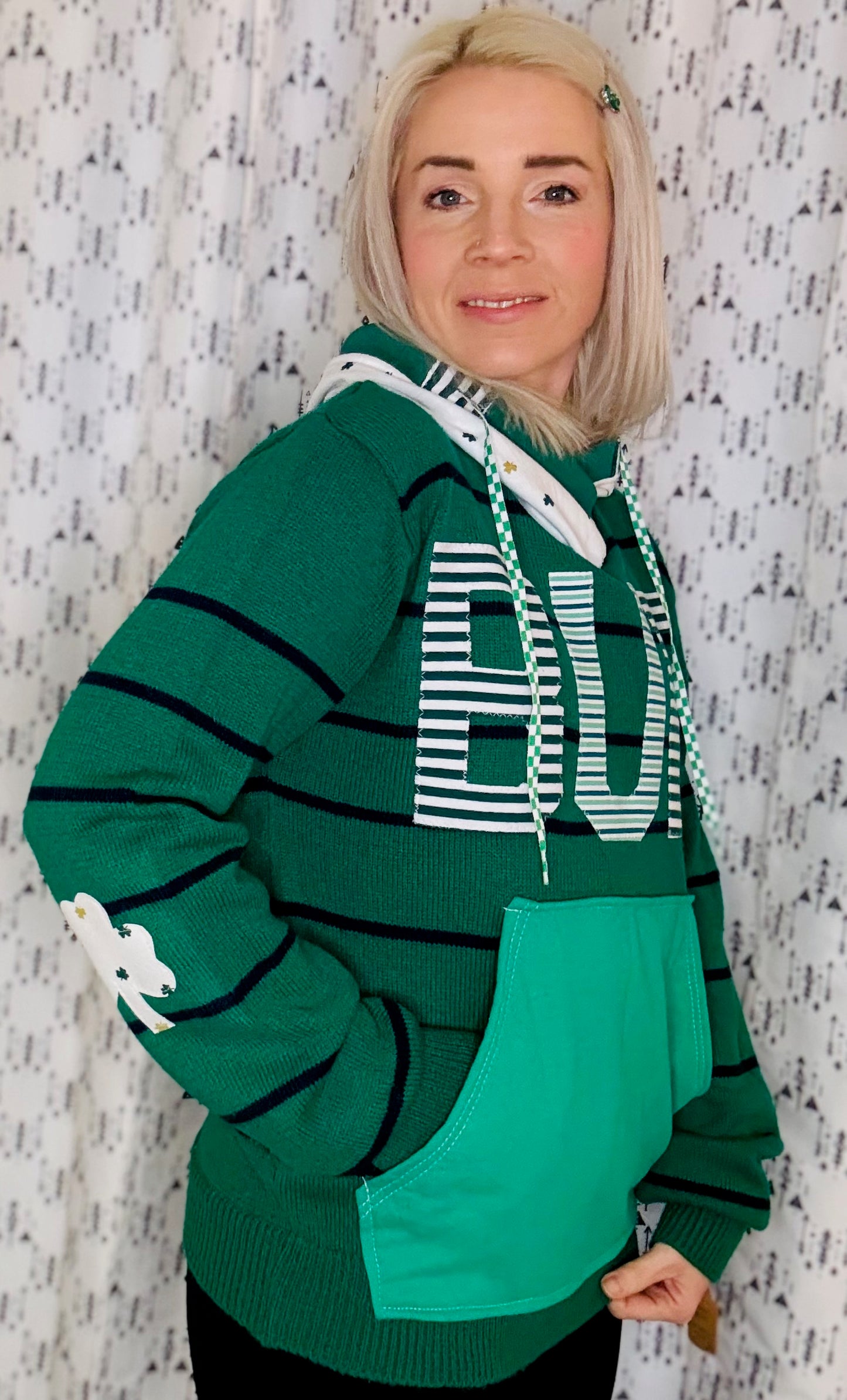 Green BUF Striped Sweater Hoodie- Unisex S/M