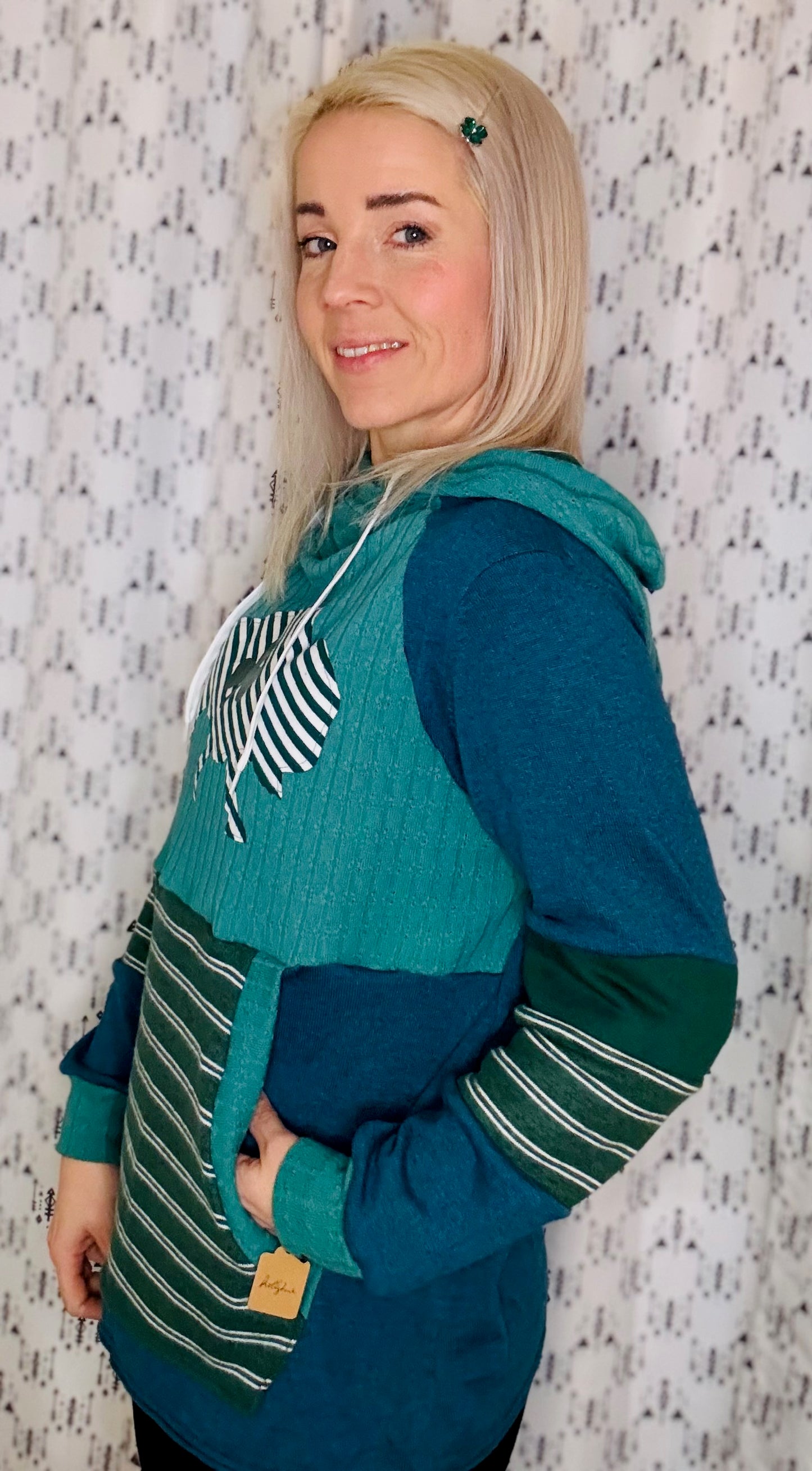 Green Buffalo Striped Sweater Hoodie- Women's M/L