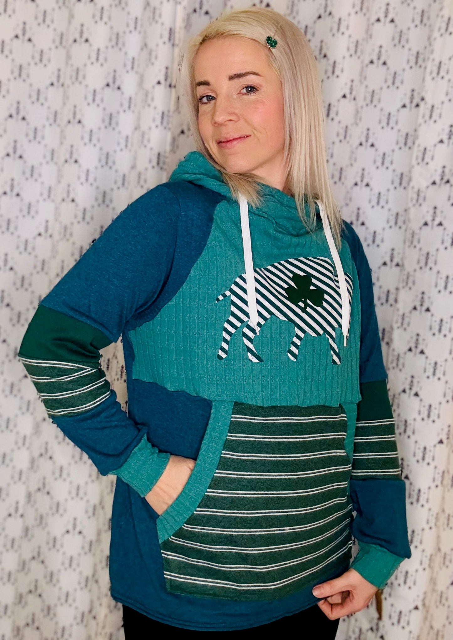 Green Buffalo Striped Sweater Hoodie- Women's M/L