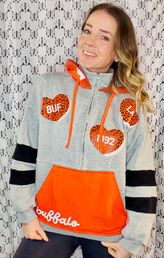 Light Grey Buffalo Lacrosse Heart 1/2 Zip Hoodie Size Women's-L/XL
