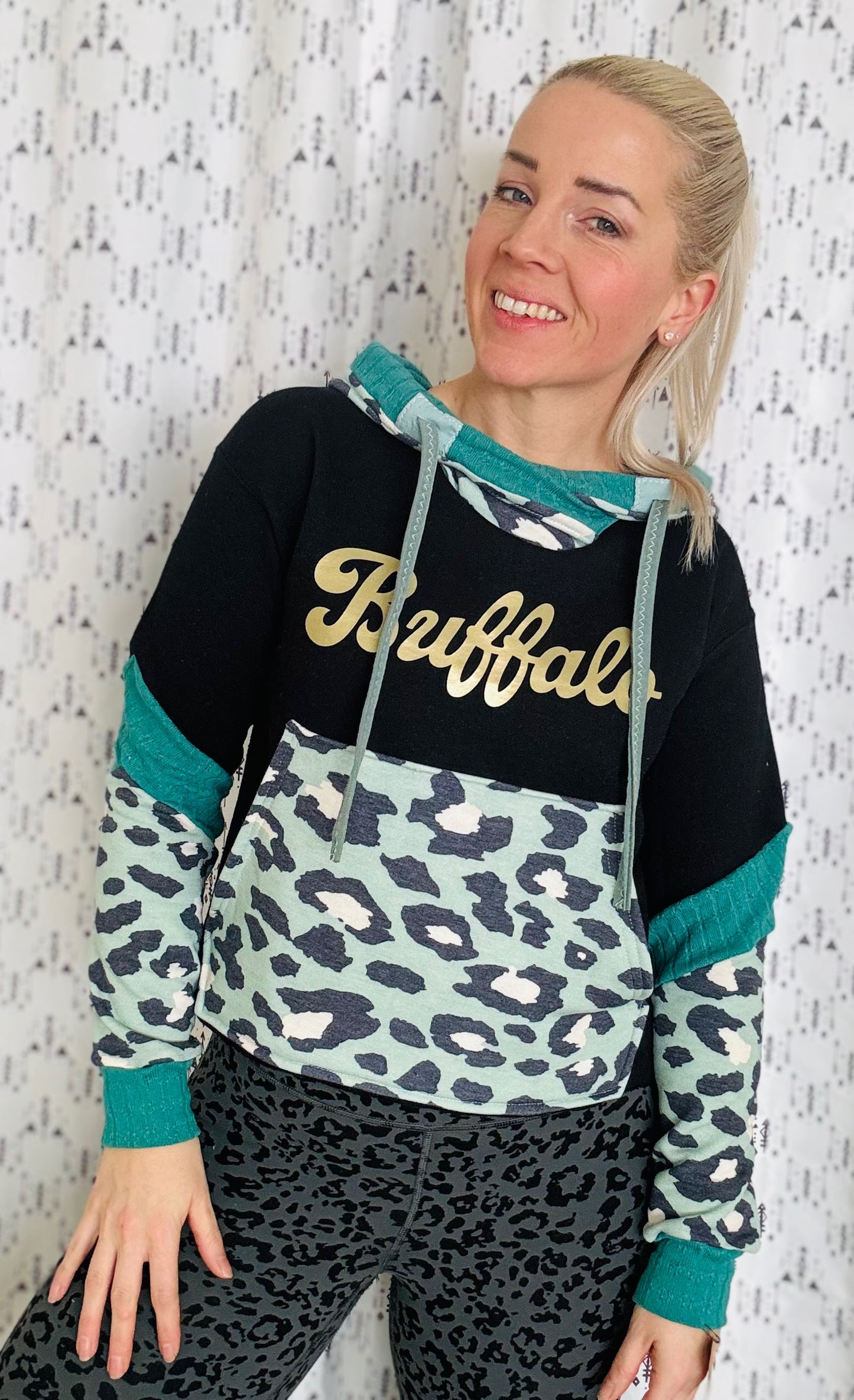 Green and Gold Leopard Buffalo Crop Hoodie Size- Women's S/M