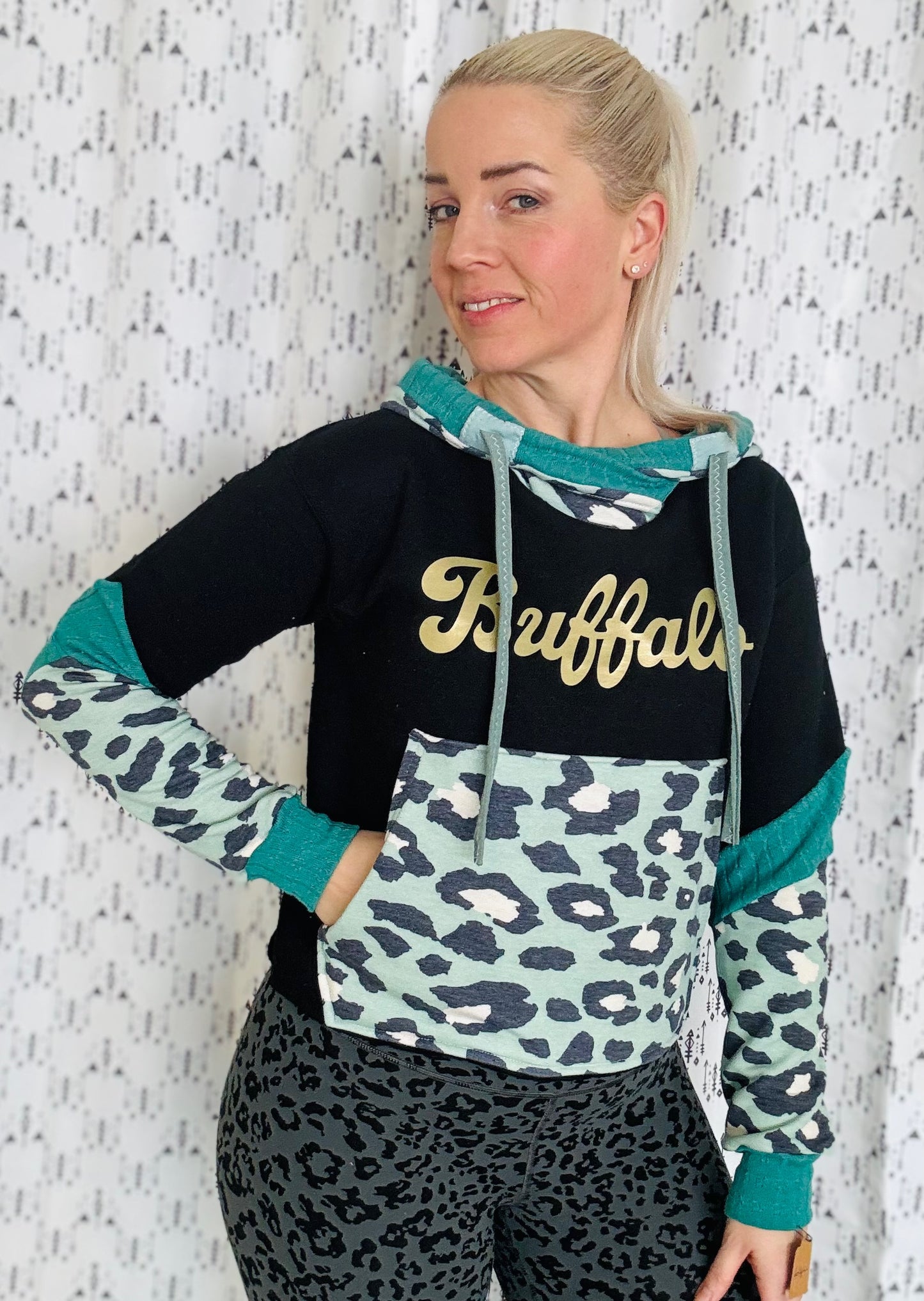 Green and Gold Leopard Buffalo Crop Hoodie Size- Women's S/M