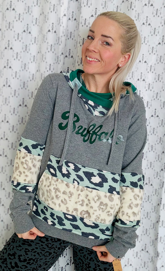 Grey With Green Leopard Buffalo Hoodie Size- Women's M/L