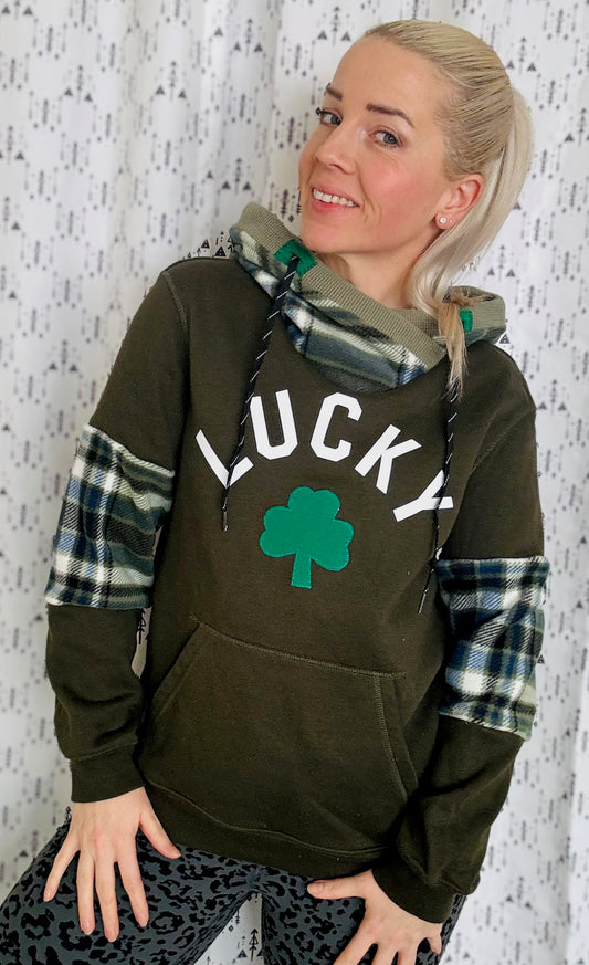 Green Plaid LUCKY Hoodie Size- Unisex S/M