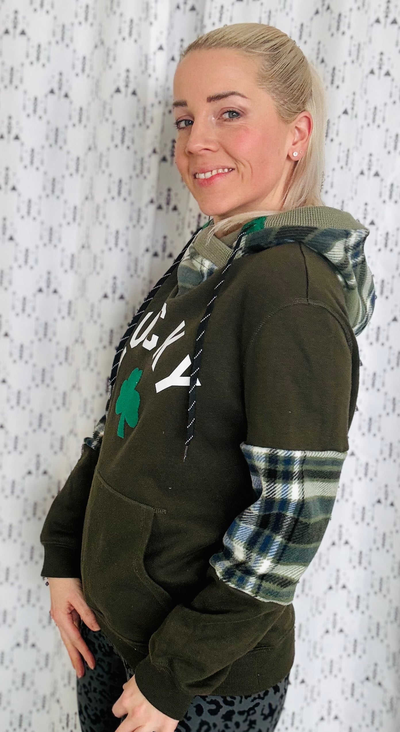 Green Plaid LUCKY Hoodie Size- Unisex S/M