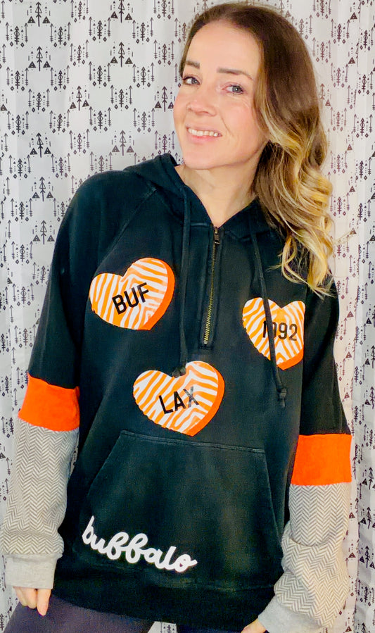 Black Buffalo Lacrosse Heart 1/4 Zip Hoodie Size Women's-L/XL