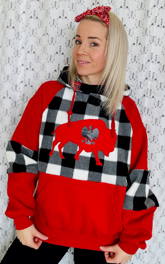 Red Buffalo Check Polish Hoodie Size- Unisex M/L