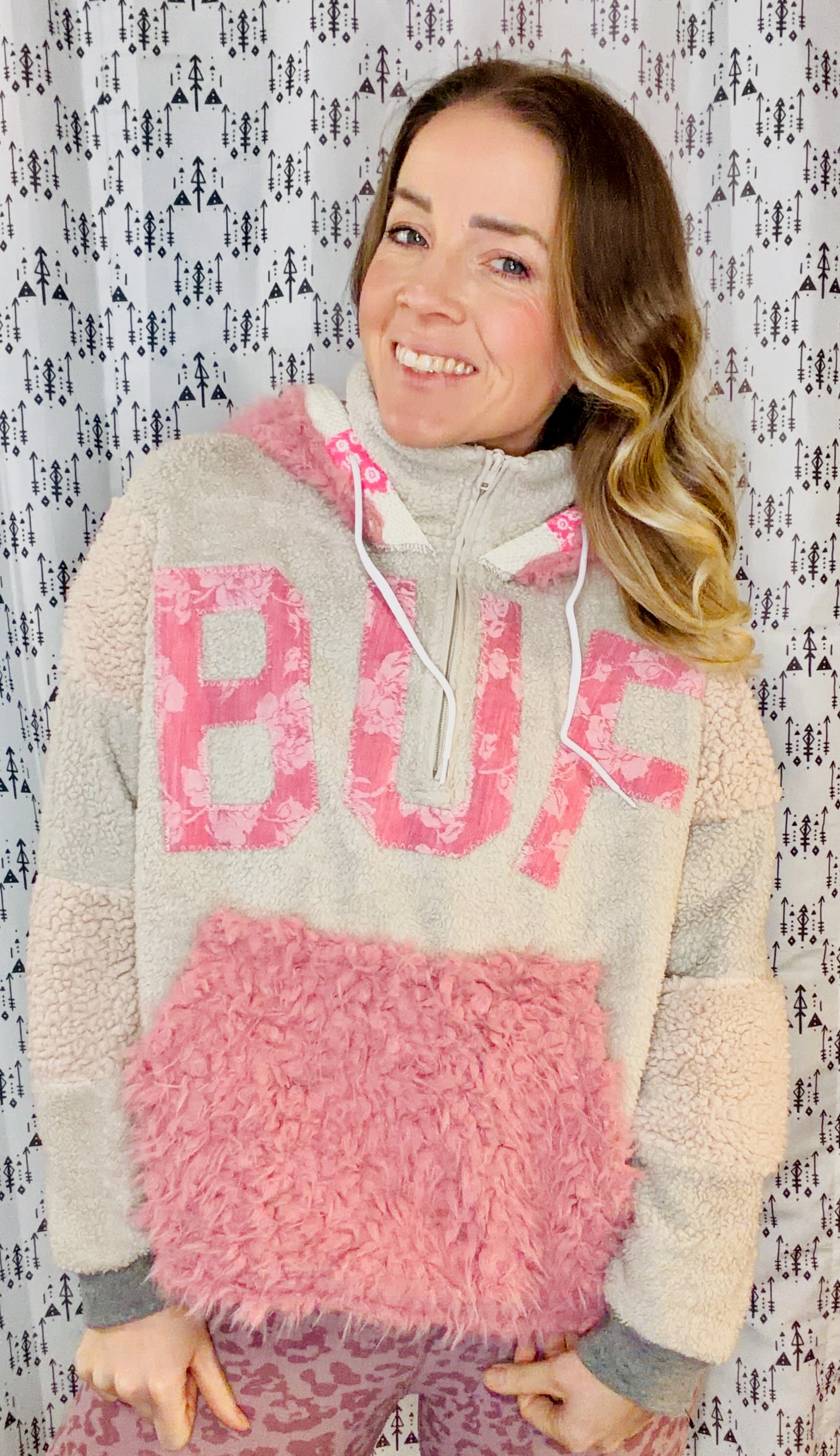 Grey BUF LOVE 1/4 Sherpa Hoodie Size Women's-L/XL
