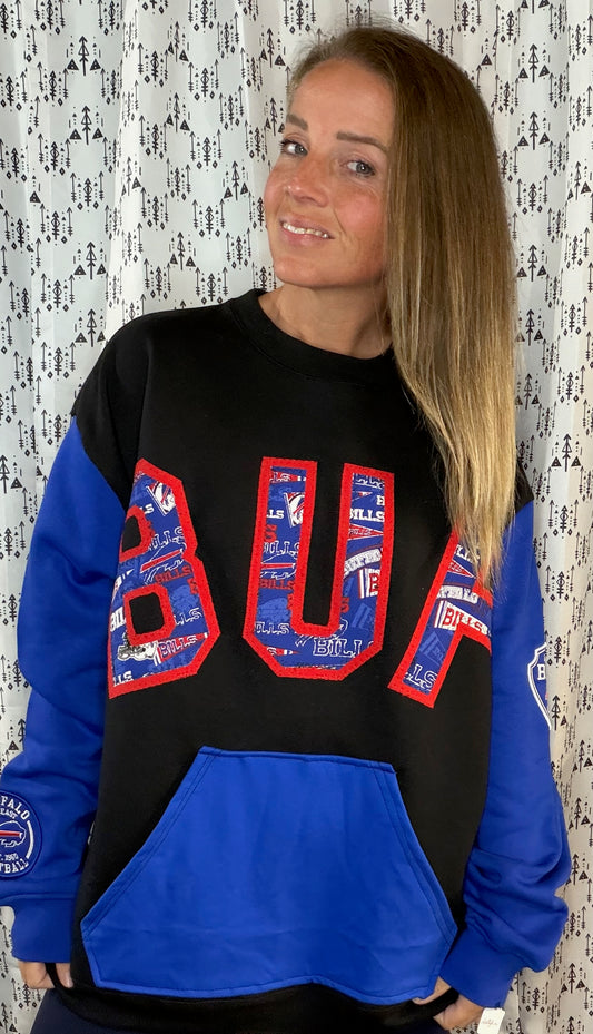 Black Color-Block BUF Football Crewneck Size Unisex- XL/2X