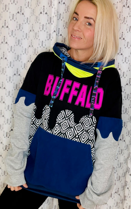 Black Geo 80's vs 90's Buffalo Drip Hoodie Size- Unisex M/L