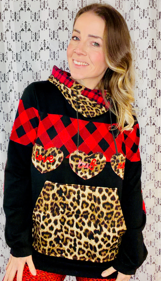 Black Leopard & Buffalo Check LOVE Hoodie Size Women's-L/XL