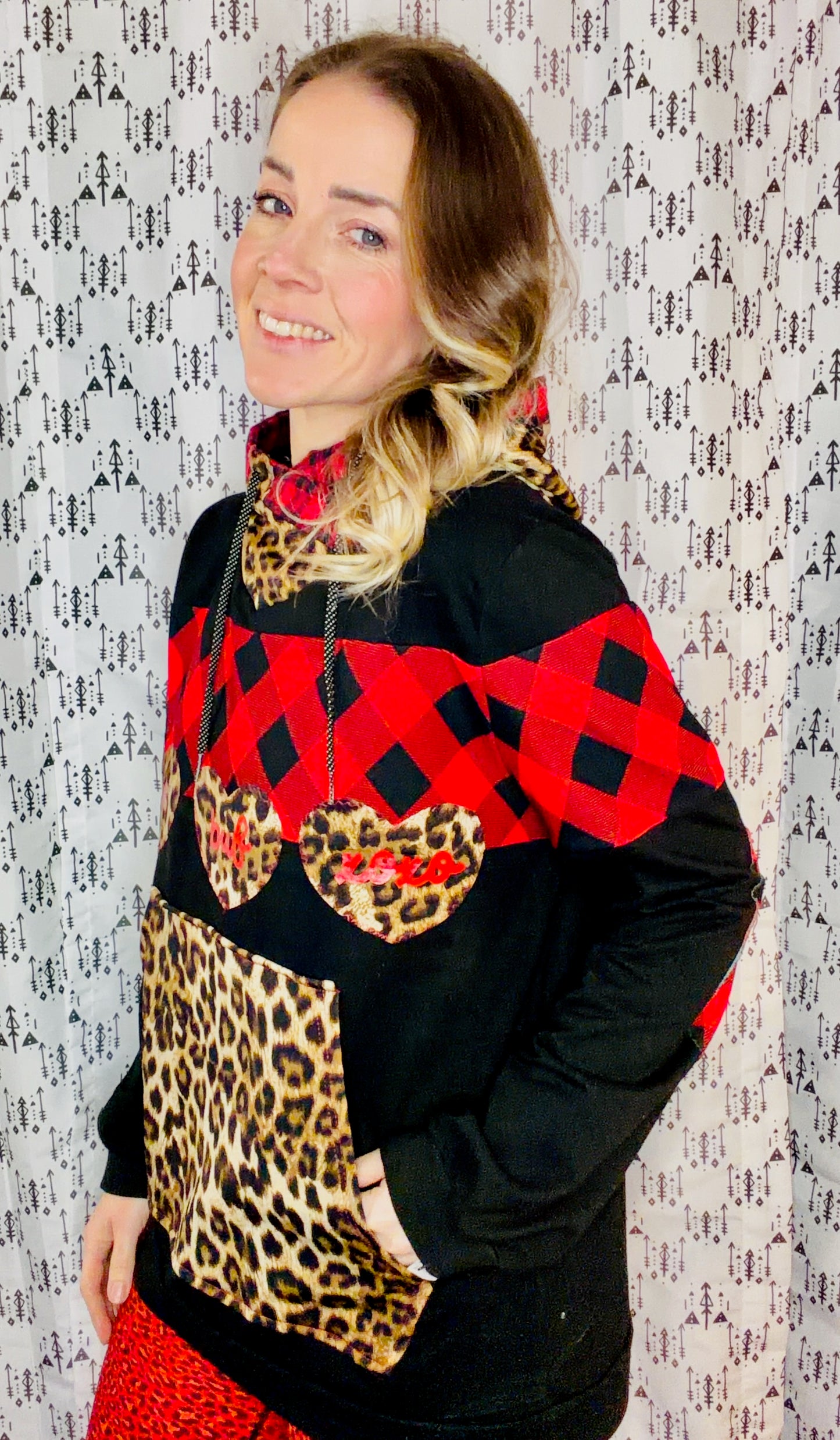 Black Leopard & Buffalo Check LOVE Hoodie Size Women's-L/XL