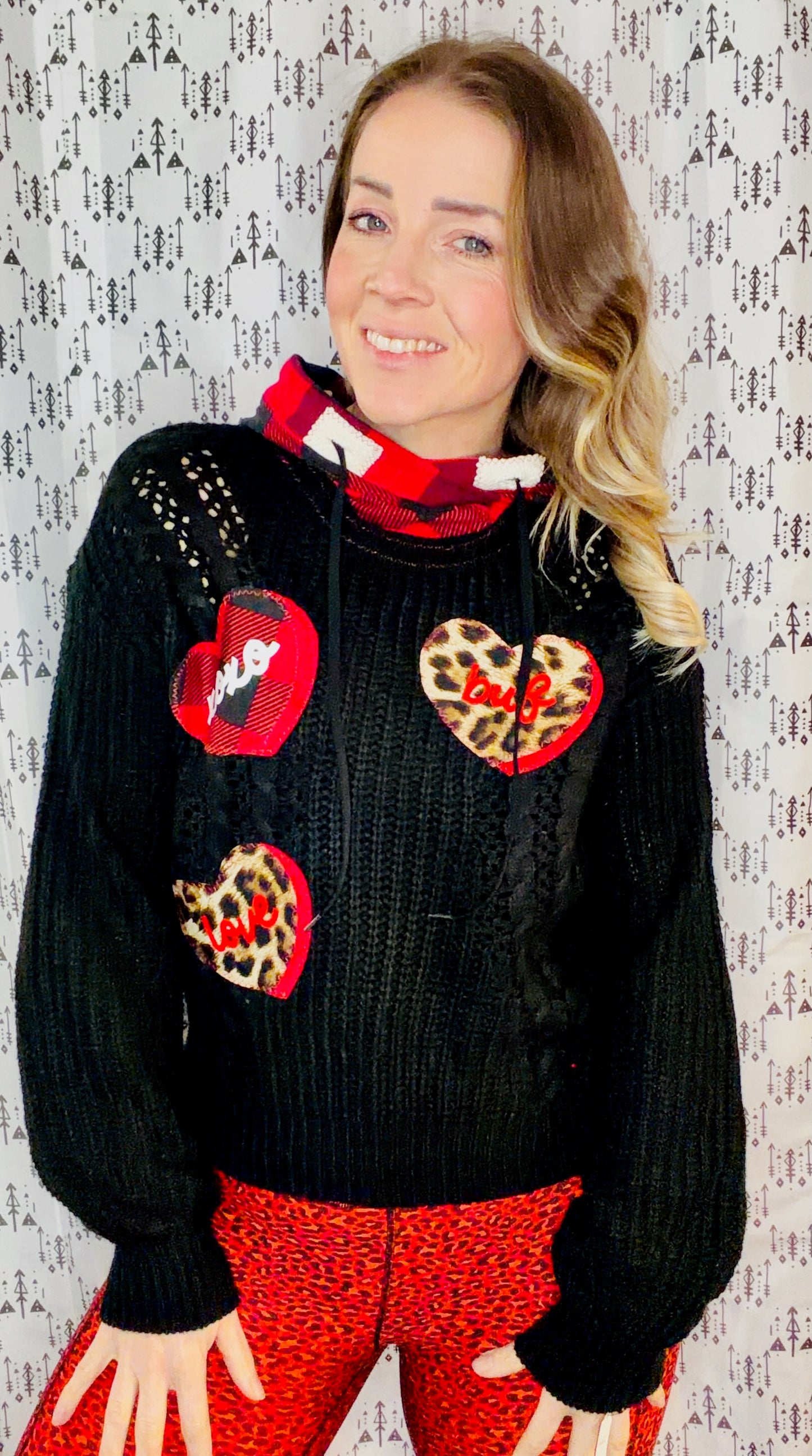 Black Leopard & Buffalo Check LOVE Sweater Hoodie Size Women's-S/M