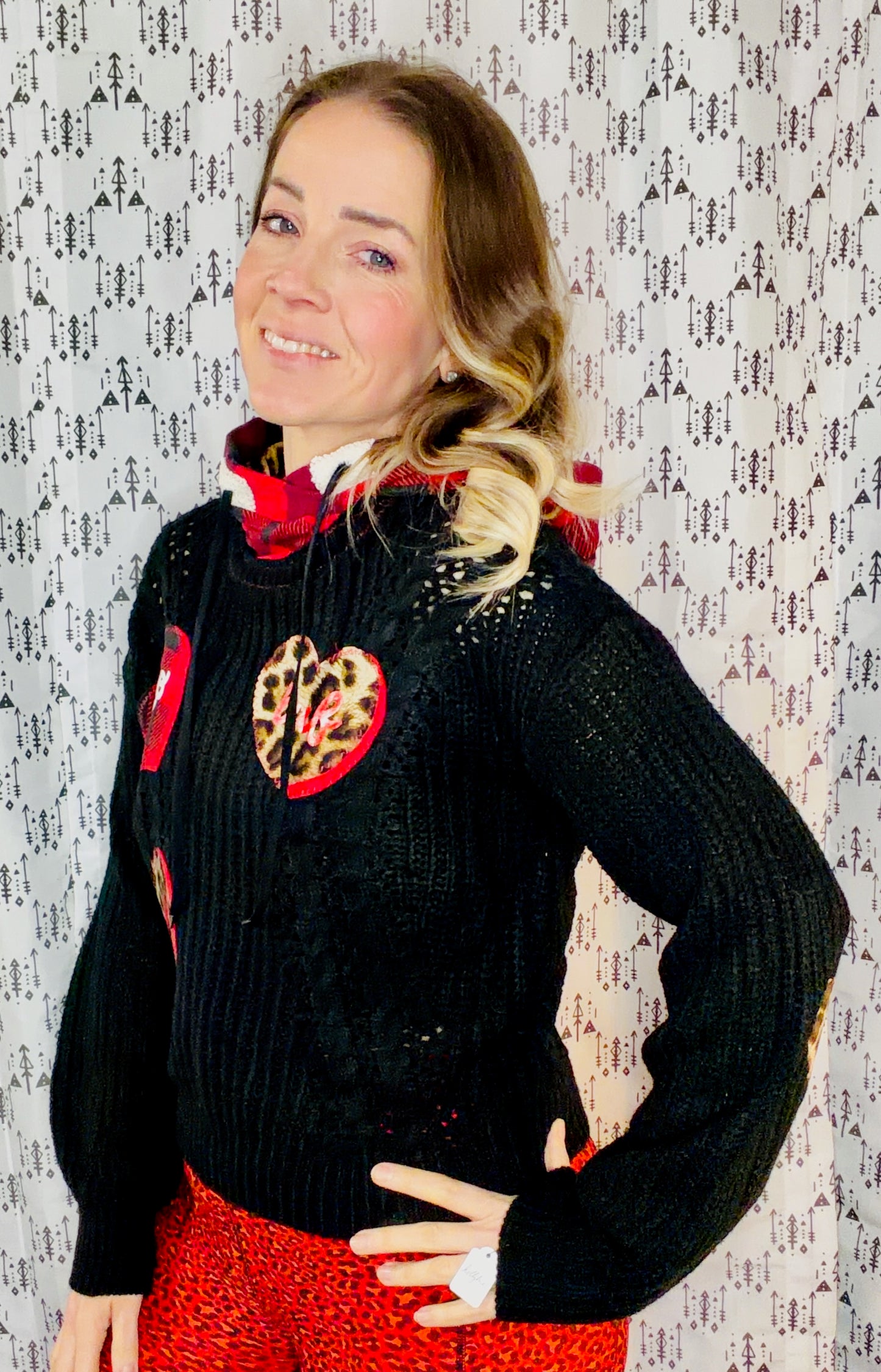 Black Leopard & Buffalo Check LOVE Sweater Hoodie Size Women's-S/M