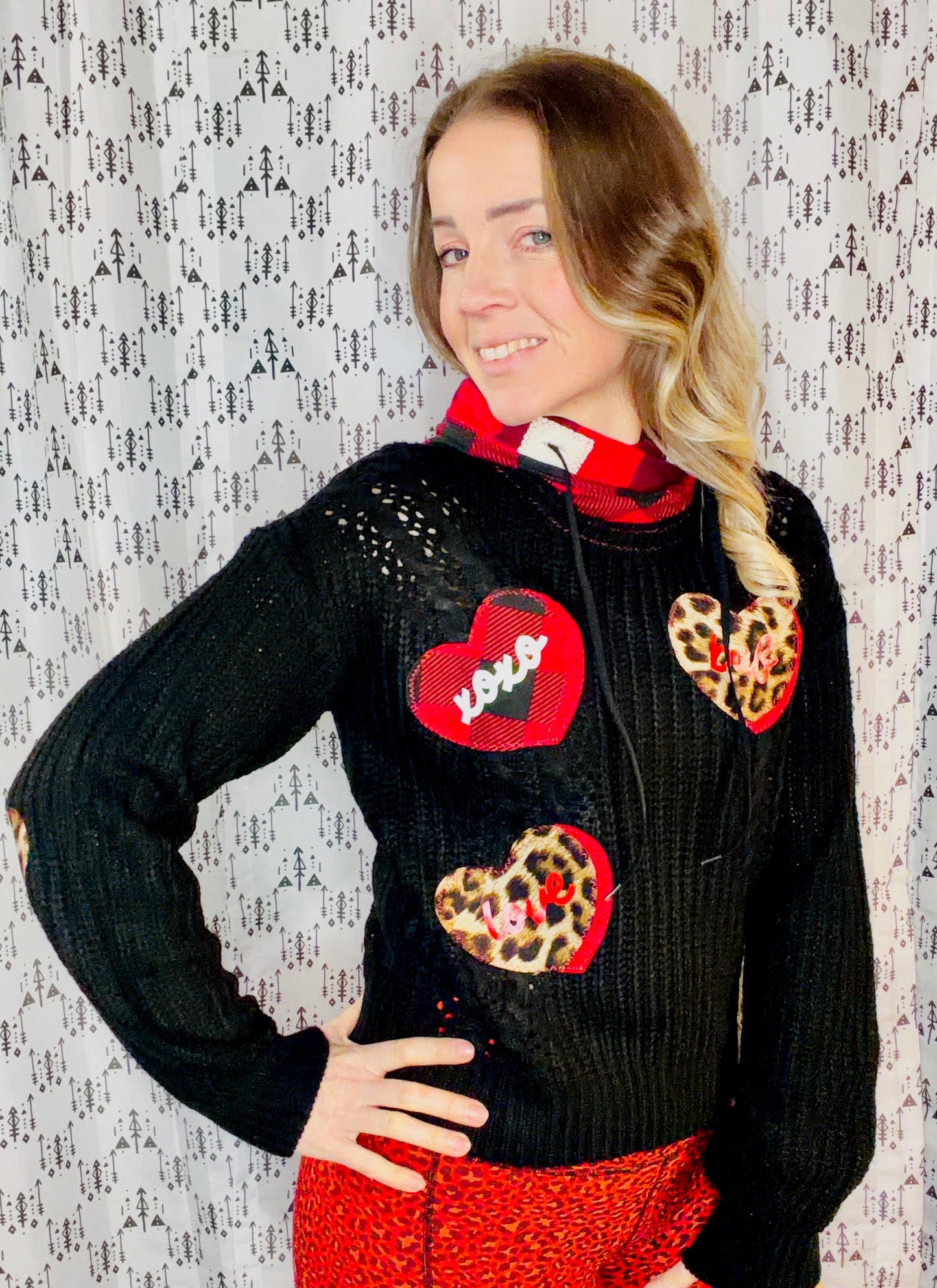 Black Leopard & Buffalo Check LOVE Sweater Hoodie Size Women's-S/M