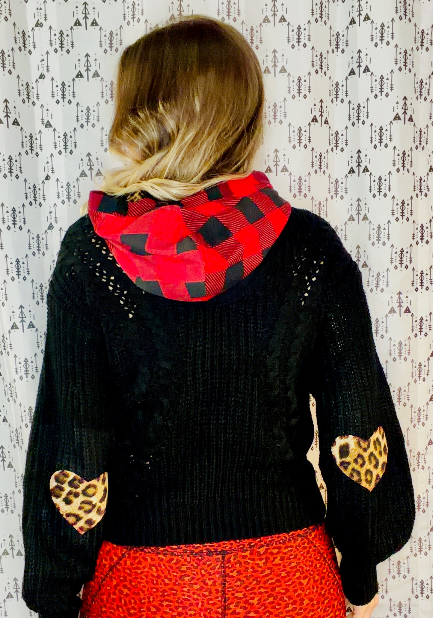 Black Leopard & Buffalo Check LOVE Sweater Hoodie Size Women's-S/M