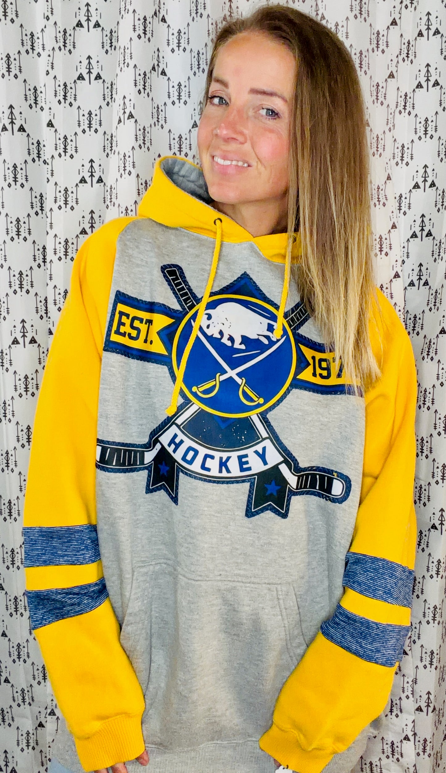 Yellow & Grey Buffalo Hockey Hoodie Size Unisex-XL/2X