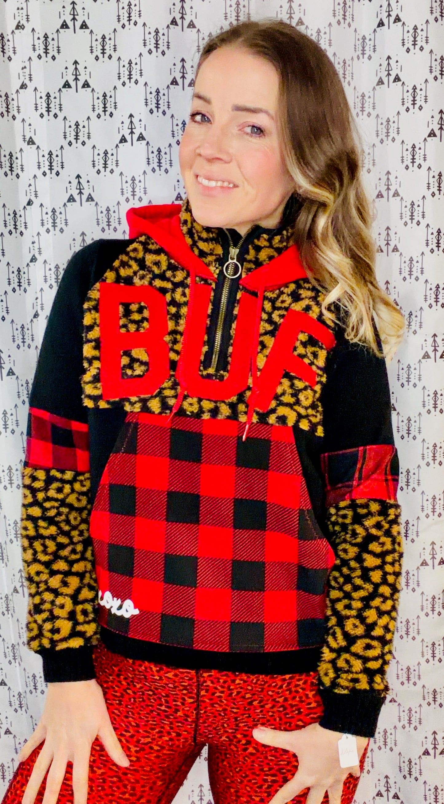 Leopard & Plaid BUF Sherpa 1/4 Zip Hoodie Size Women's-S/M