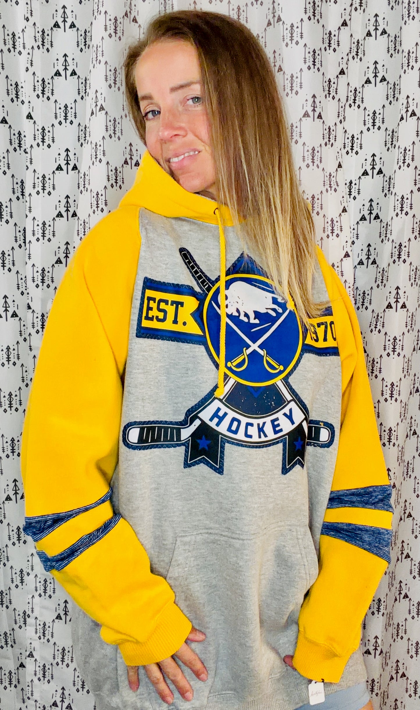 Yellow & Grey Buffalo Hockey Hoodie Size Unisex-XL/2X