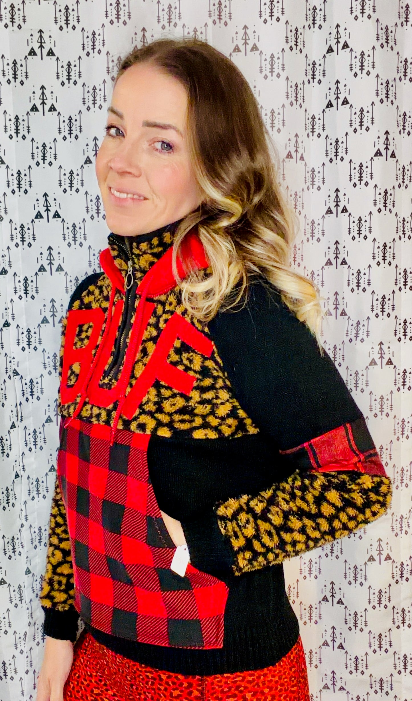 Leopard & Plaid BUF Sherpa 1/4 Zip Hoodie Size Women's-S/M
