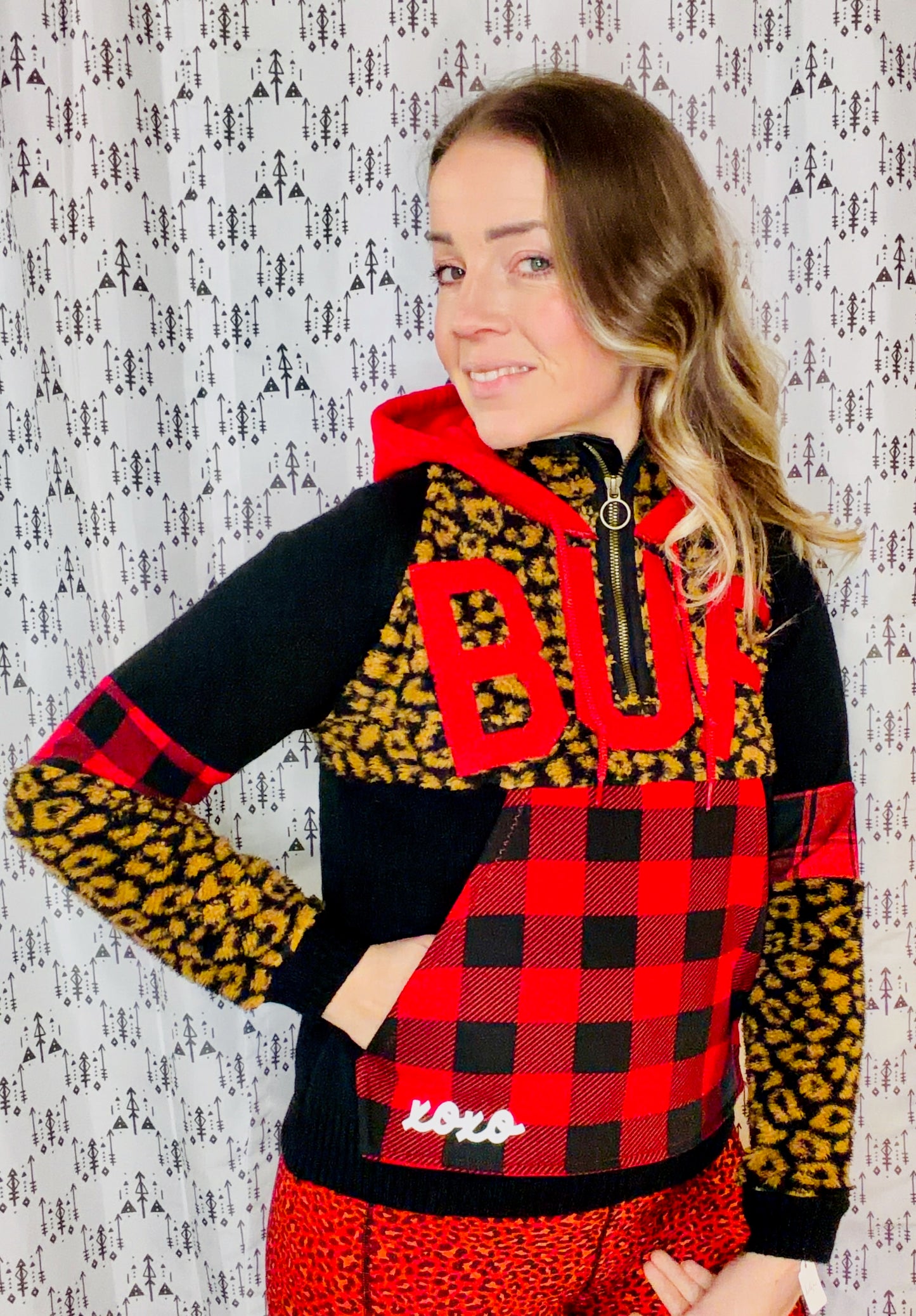 Leopard & Plaid BUF Sherpa 1/4 Zip Hoodie Size Women's-S/M