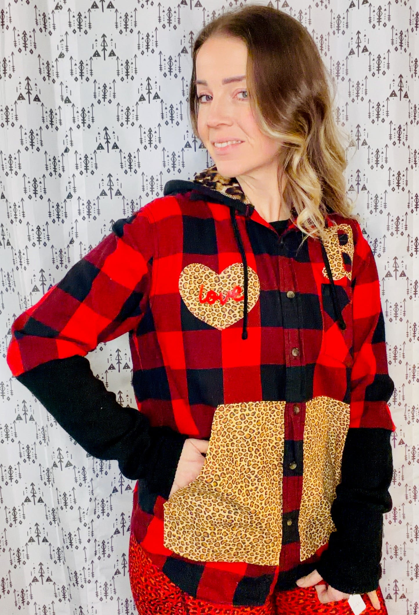 Red Plaid & Leopard Buffalo LOVE Button-Up Size- Women's L/XL