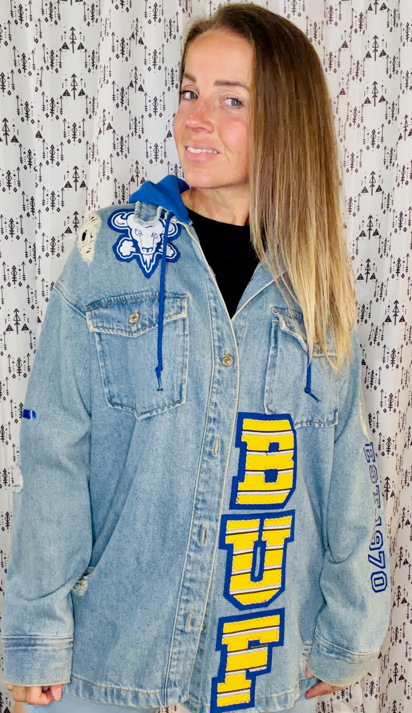 Denim BUF Hockey Button-Down Hoodie Size Women's-L/XL