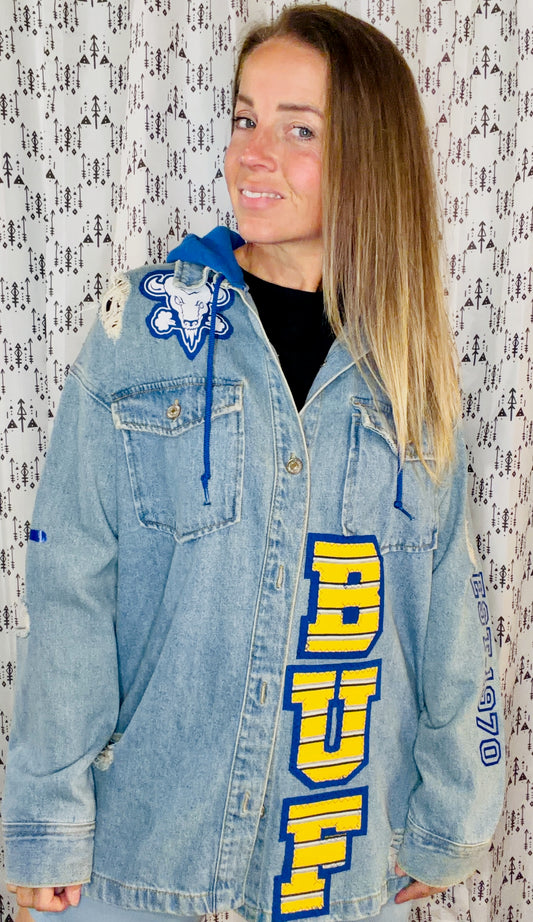 Denim BUF Hockey Button-Down Hoodie Size Women's-L/XL