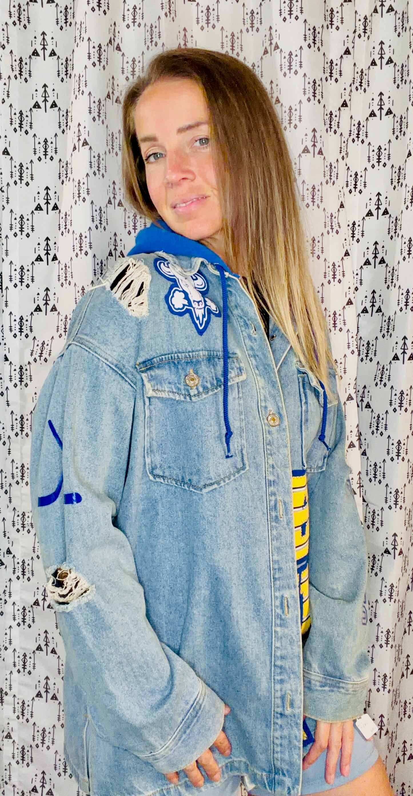 Denim BUF Hockey Button-Down Hoodie Size Women's-L/XL