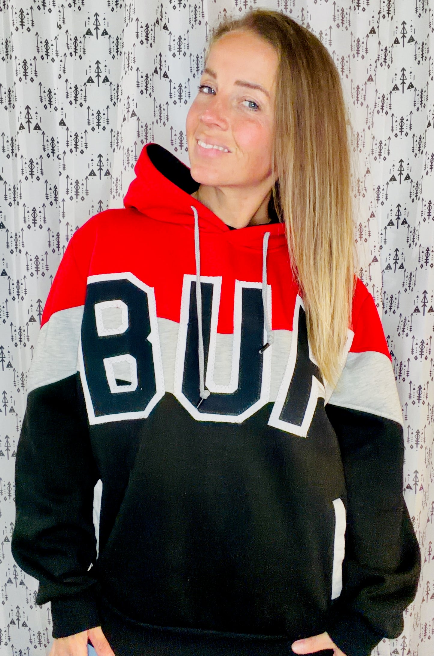 Grey, Red, & Black BUF 90's Hockey Hoodie Size Unisex- M/L