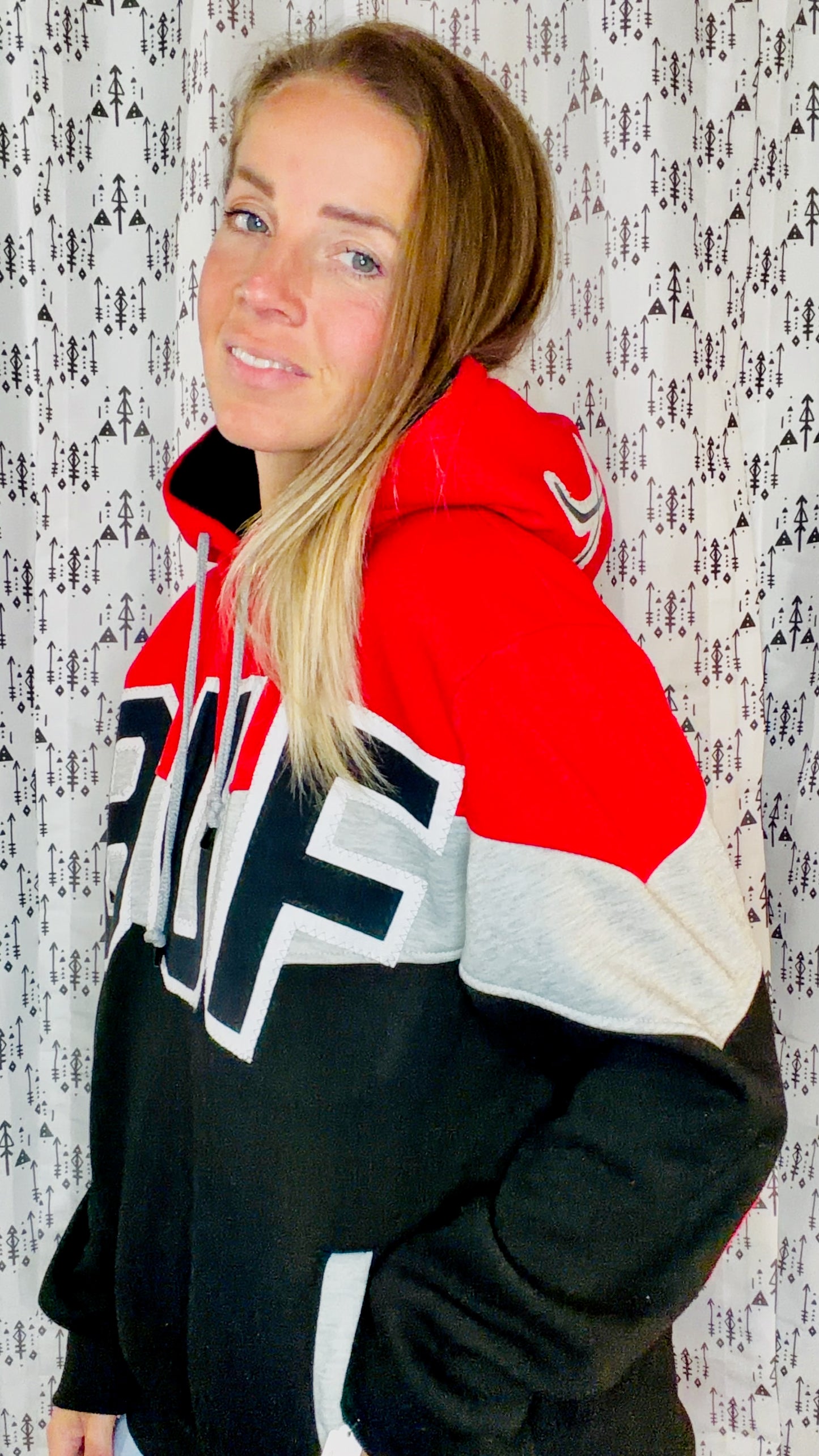 Grey, Red, & Black BUF 90's Hockey Hoodie Size Unisex- M/L