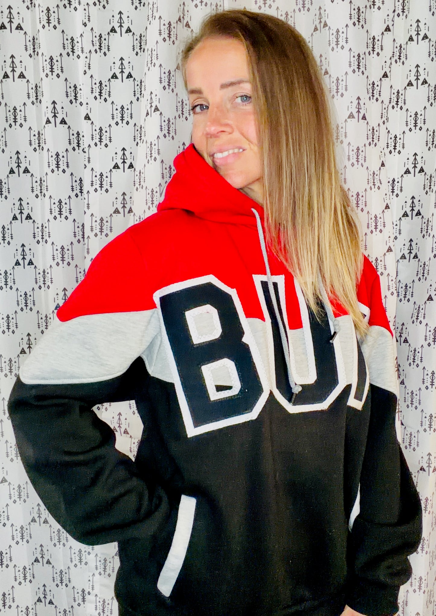 Grey, Red, & Black BUF 90's Hockey Hoodie Size Unisex- M/L