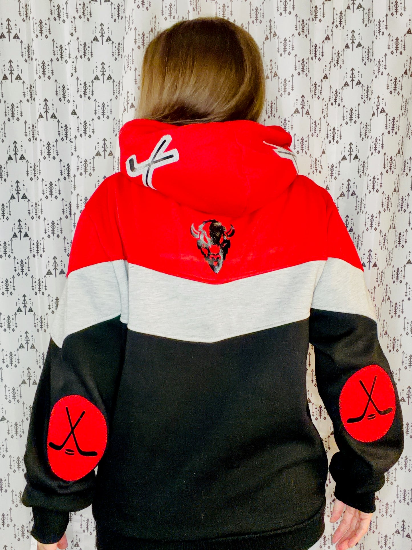 Grey, Red, & Black BUF 90's Hockey Hoodie Size Unisex- M/L