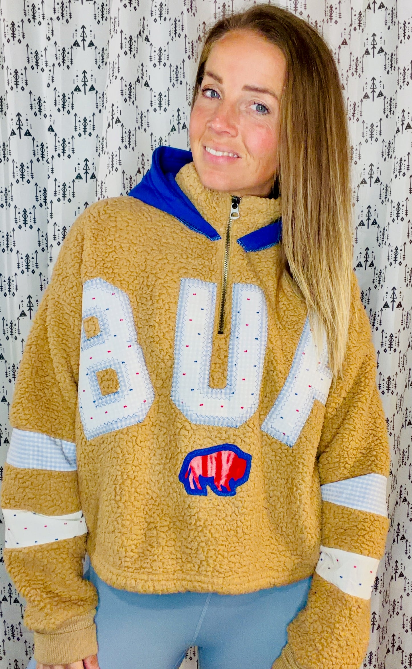 Khaki Sherpa BUF Football 1/4 Zip Hoodie Size Women's- L/XL