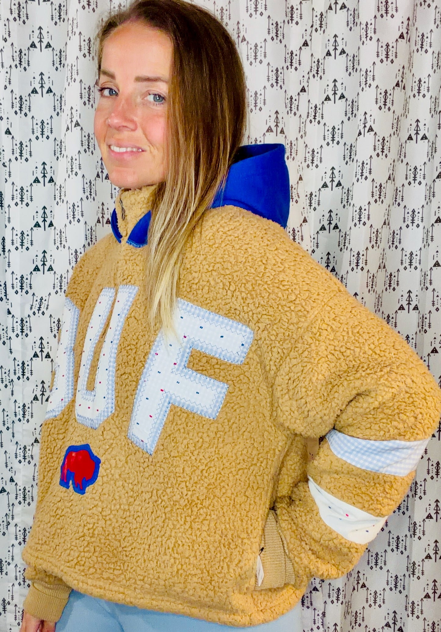 Khaki Sherpa BUF Football 1/4 Zip Hoodie Size Women's- L/XL
