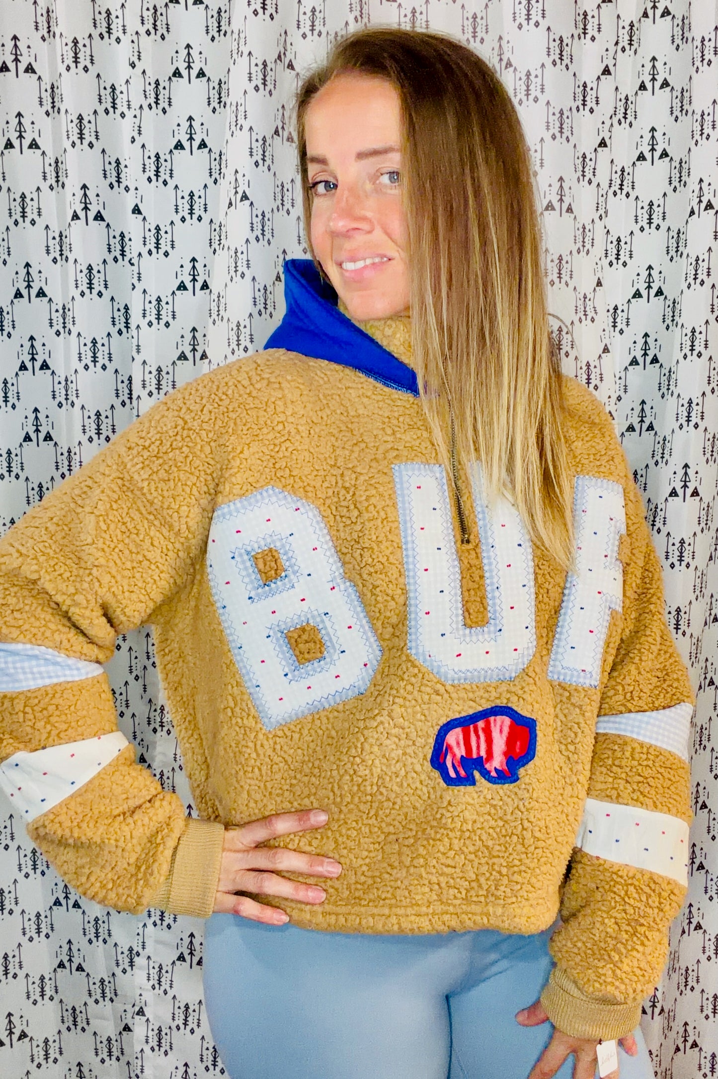 Khaki Sherpa BUF Football 1/4 Zip Hoodie Size Women's- L/XL