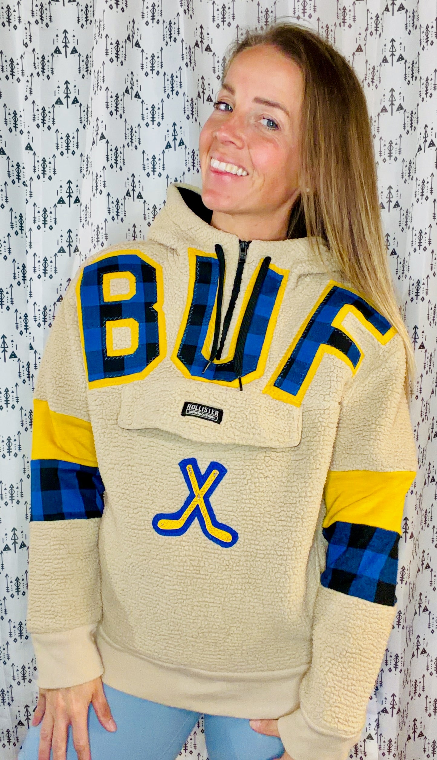 Khaki BUF Plaid Hockey 1/4 Zip Hoodie Size Women's-M/L