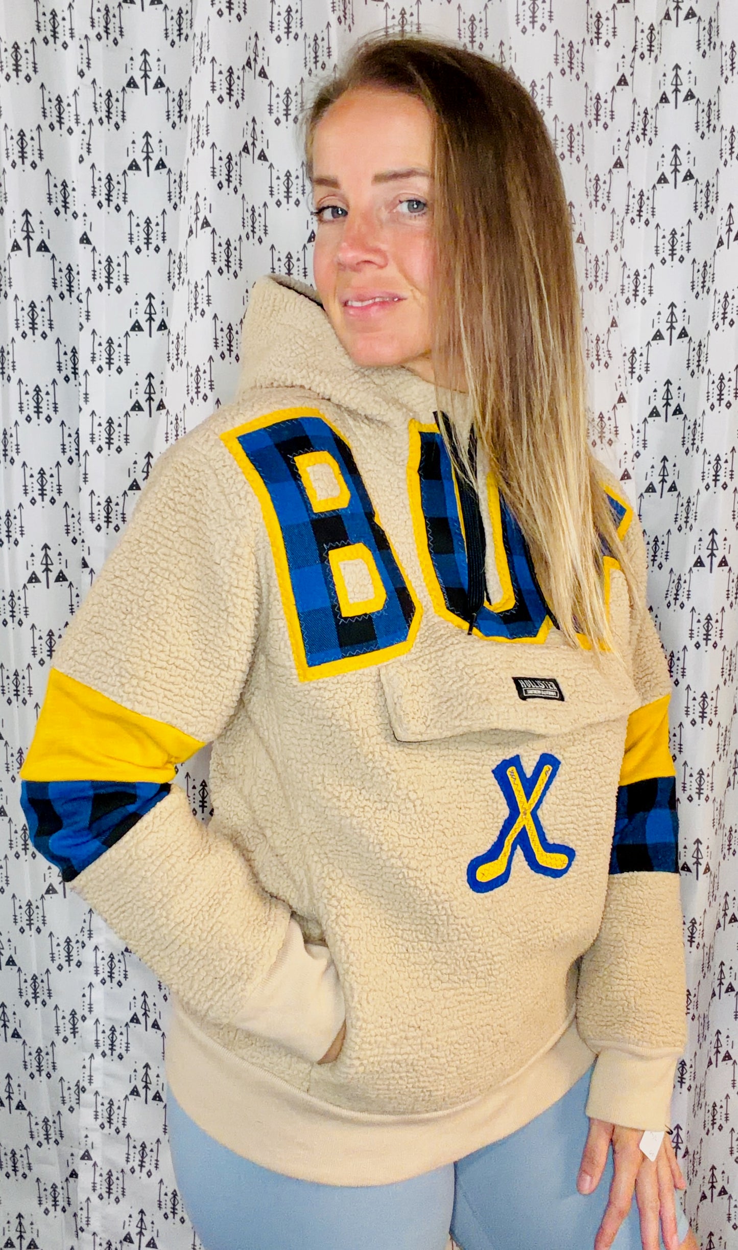 Khaki BUF Plaid Hockey 1/4 Zip Hoodie Size Women's-M/L