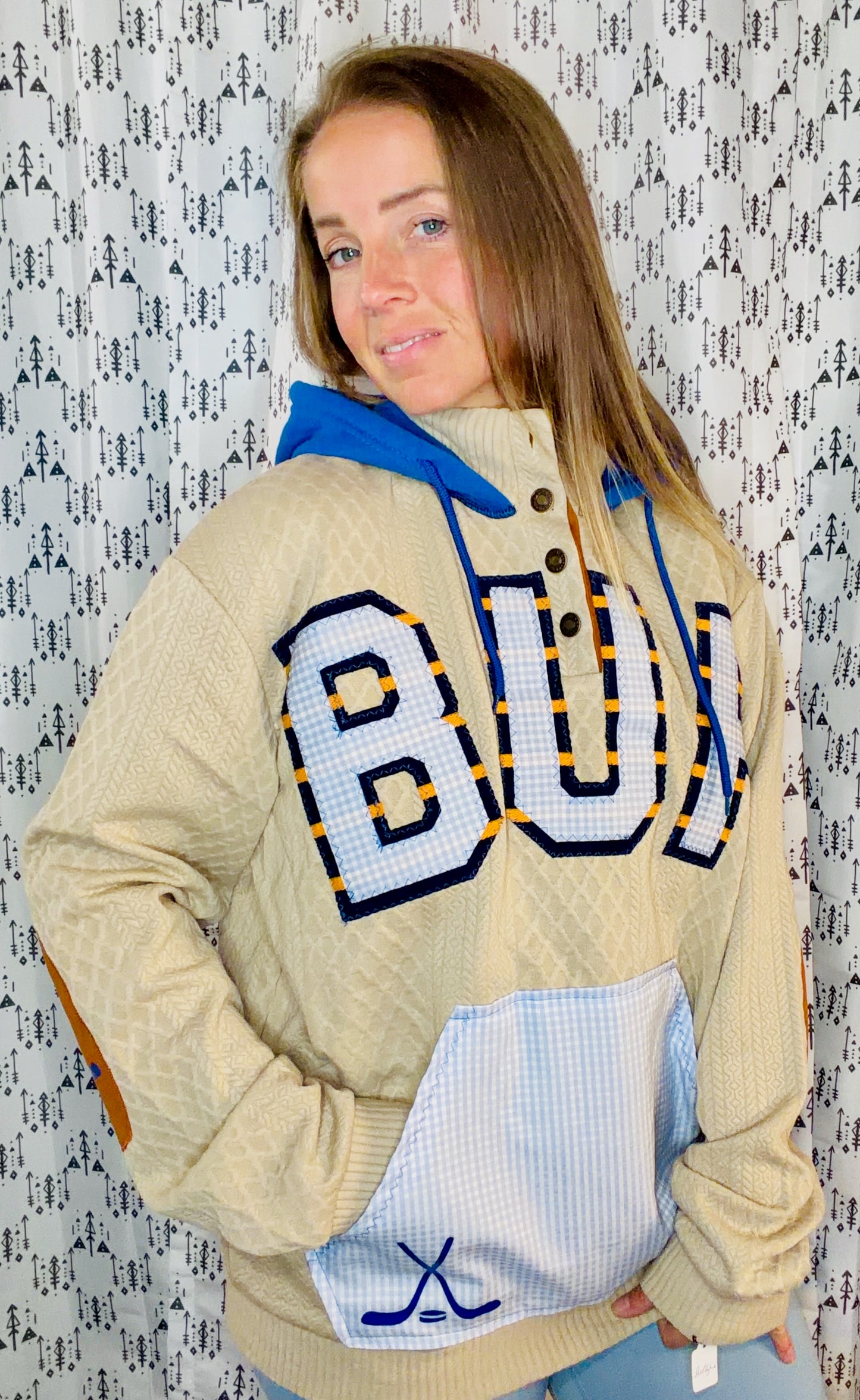 Khaki BUF Hockey 1/4 Button Up Hoodie Size Women's- L/XL