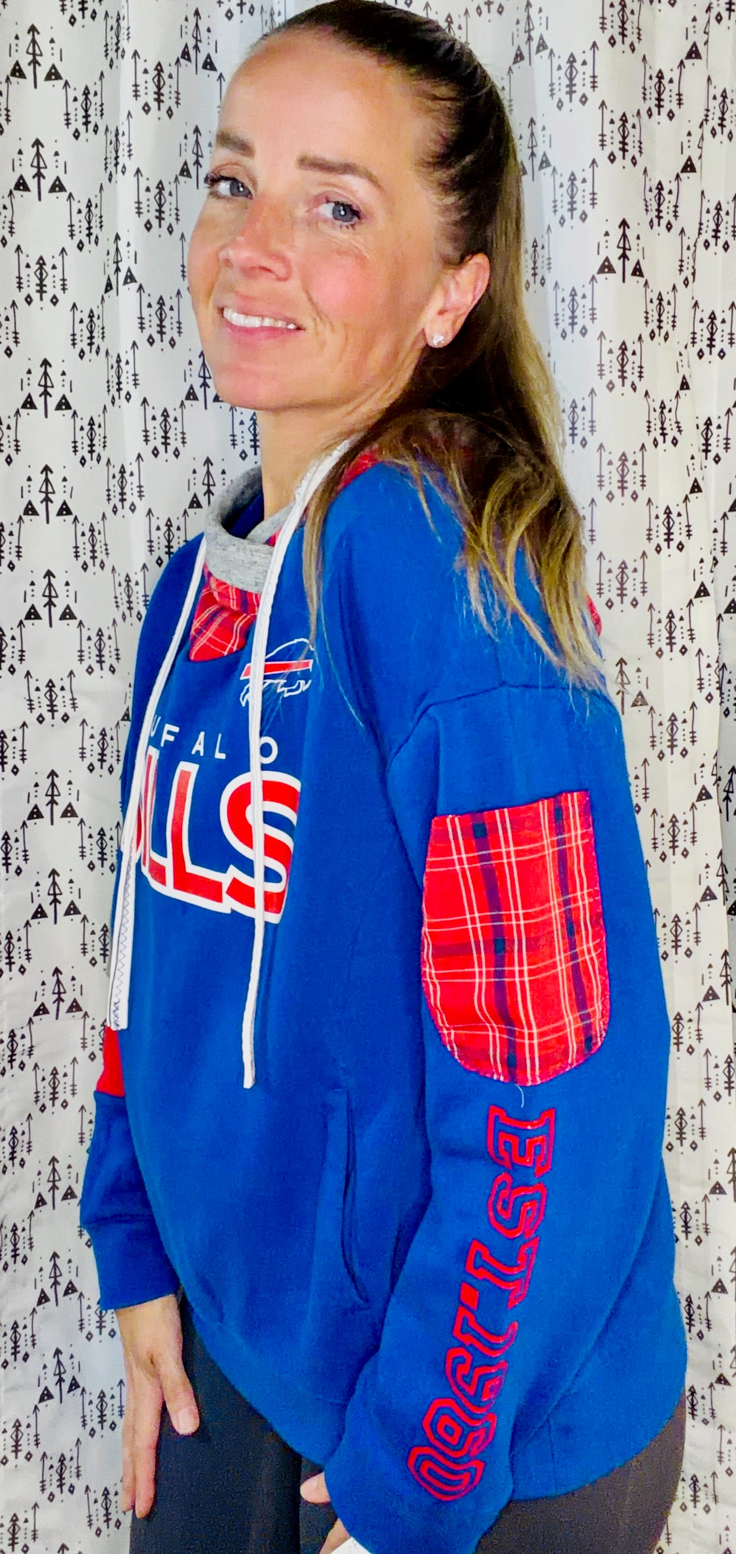 Blue & Plaid Football Hoodie Size Women's- L/XL