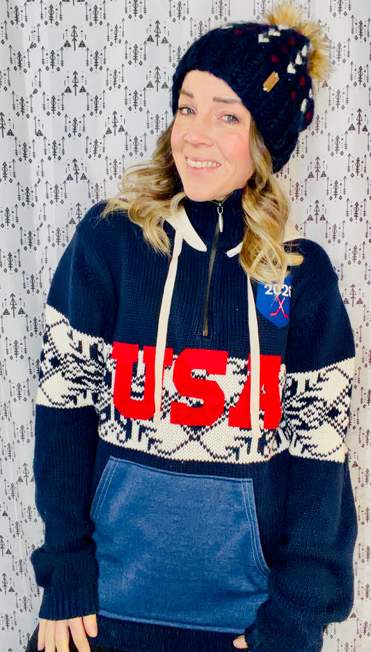 Navy USA Hockey 1/4 Zip-Up Sweater Hoodie Size- Unisex M/L