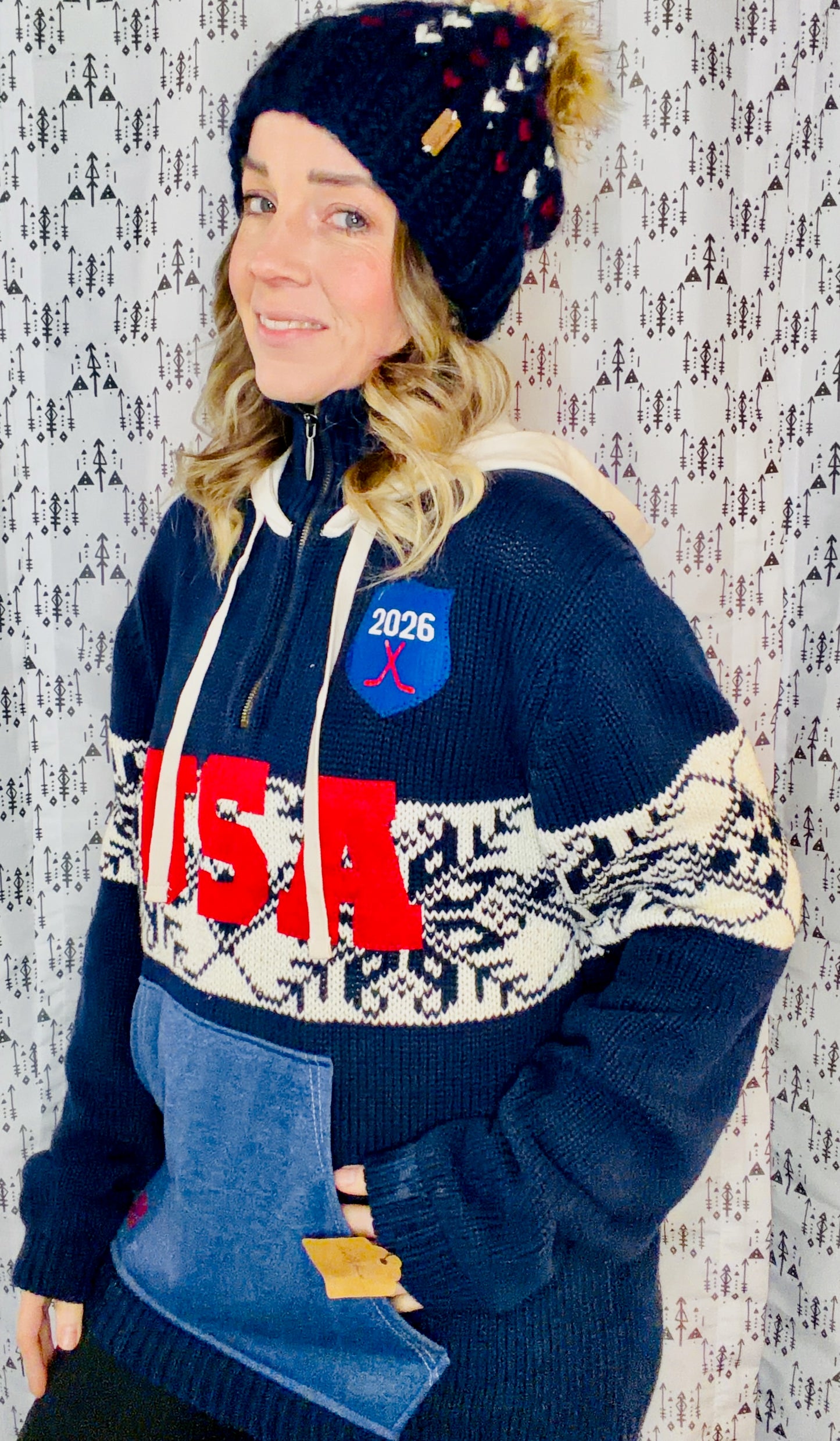Navy USA Hockey 1/4 Zip-Up Sweater Hoodie Size- Unisex M/L
