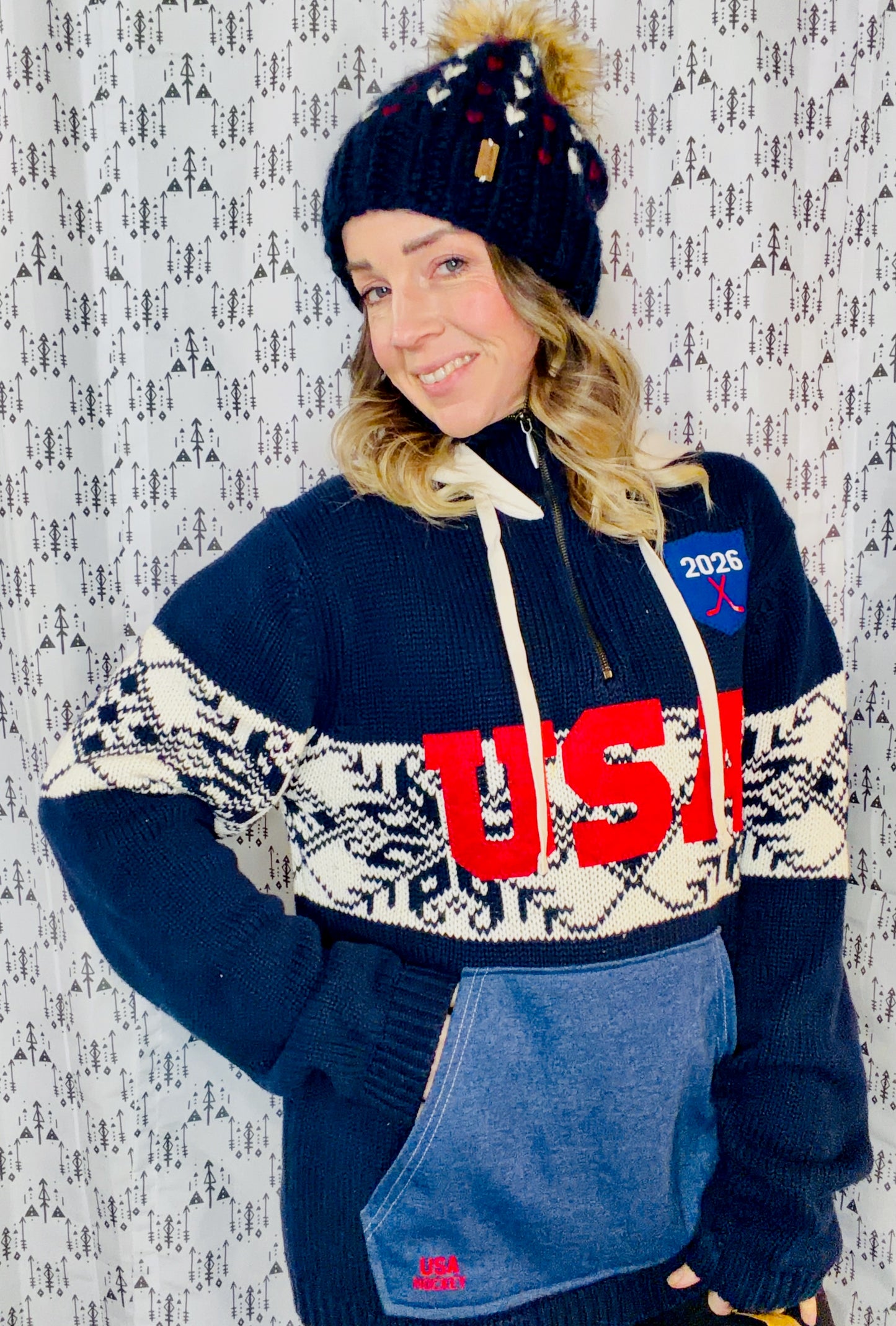 Navy USA Hockey 1/4 Zip-Up Sweater Hoodie Size- Unisex M/L