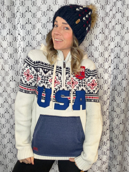 Cream USA Hockey 1/4 Zip-Up Sweater Hoodie Size- Unisex S/M
