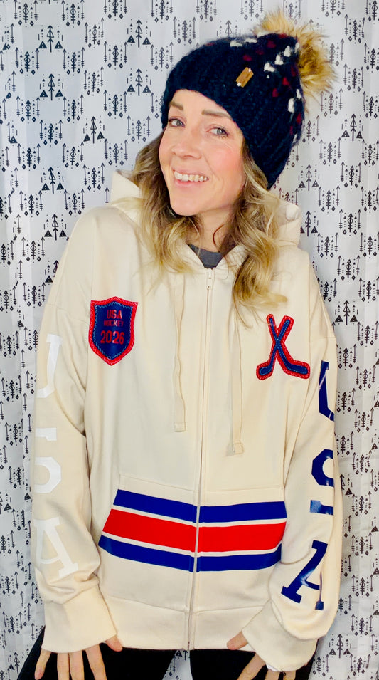 Cream Tage Thompson #72 USA Hockey Zip-Up Hoodie Size- Women's XL/2X