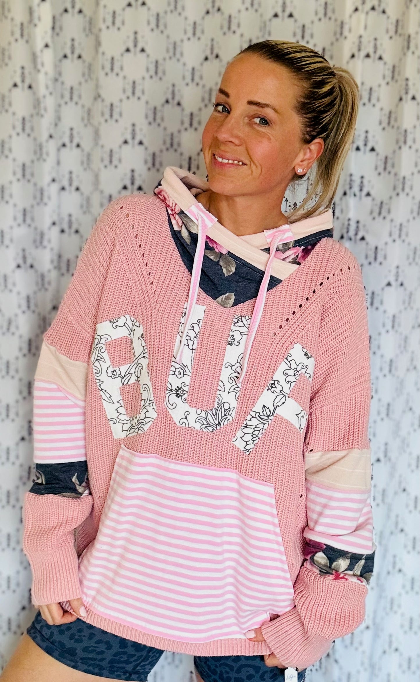 Pink Floral BUF Sweater Hoodie Size- Women's L/XL