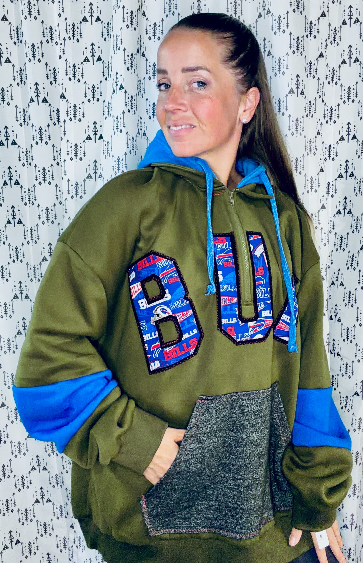 Green BUF Football 1/4 Zip Hoodie Size Unisex-XL/2X