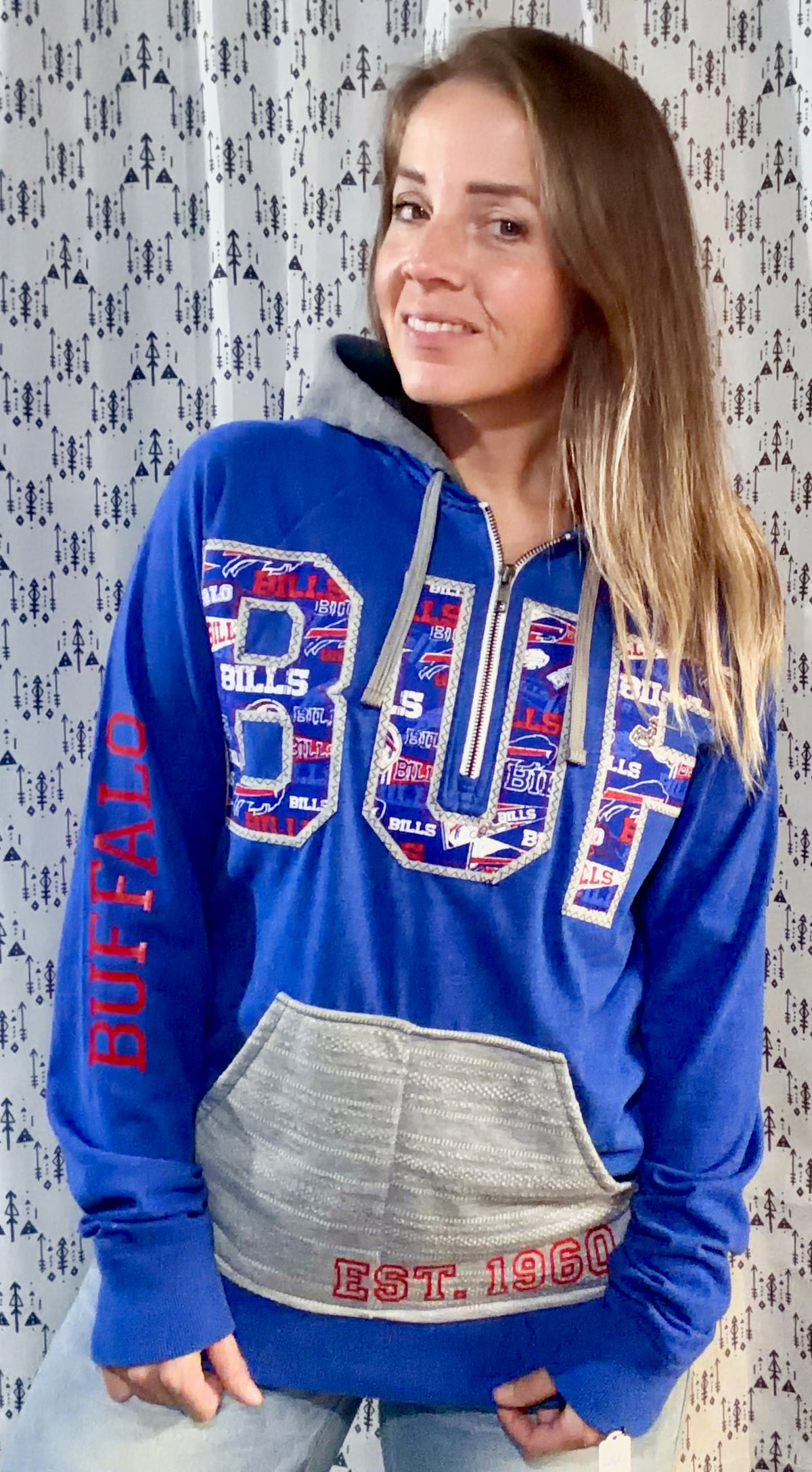 Blue Color-Block BUF Football 1/4 Zip Hoodie Size Unisex- S/M