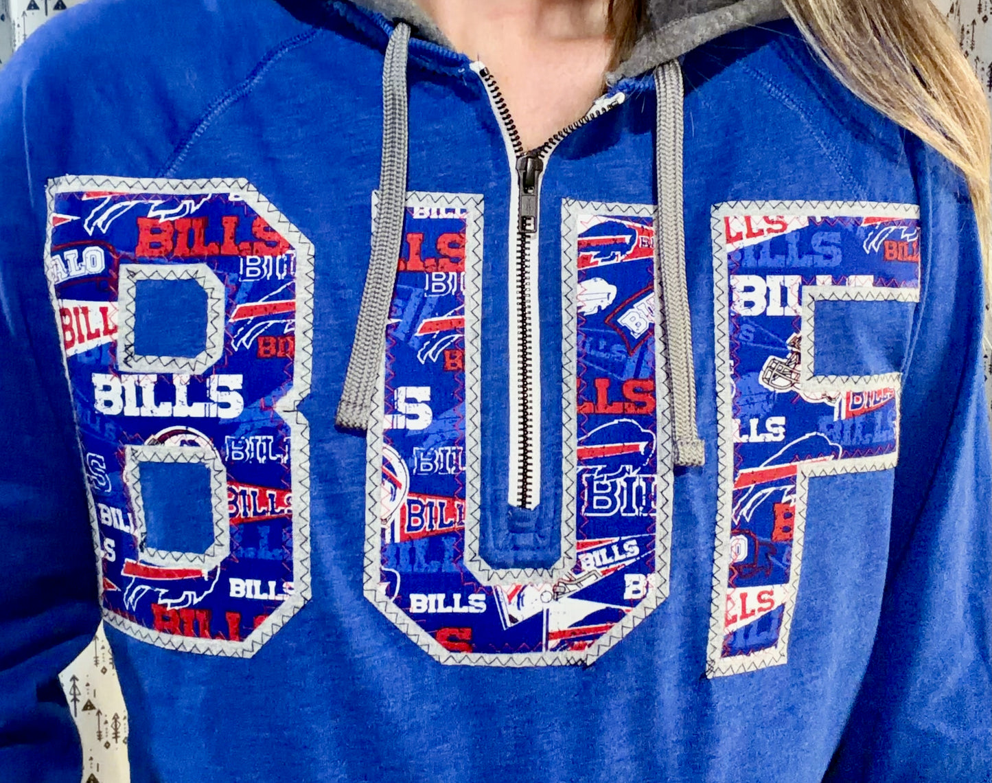 Blue Color-Block BUF Football 1/4 Zip Hoodie Size Unisex- S/M