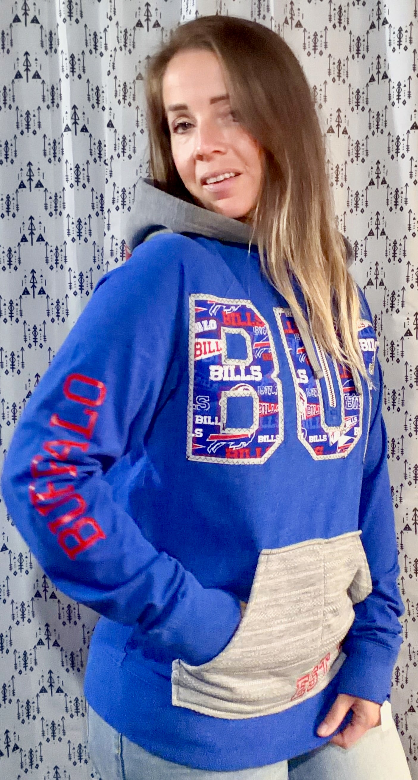 Blue Color-Block BUF Football 1/4 Zip Hoodie Size Unisex- S/M